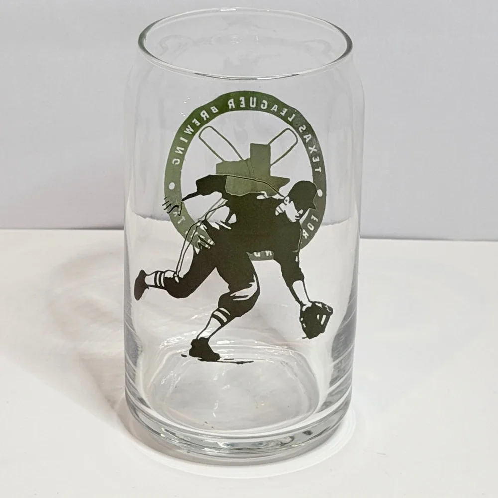 Texas Leaguer Brewing Co Beer Can Glass Fort Bend County TX Baseball Graphic